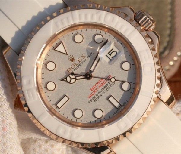 Replica Rolex Yacht-Master 116655 RG White Dial White Ceramic Rubber Strap A2824 - Elite Watch Atelier