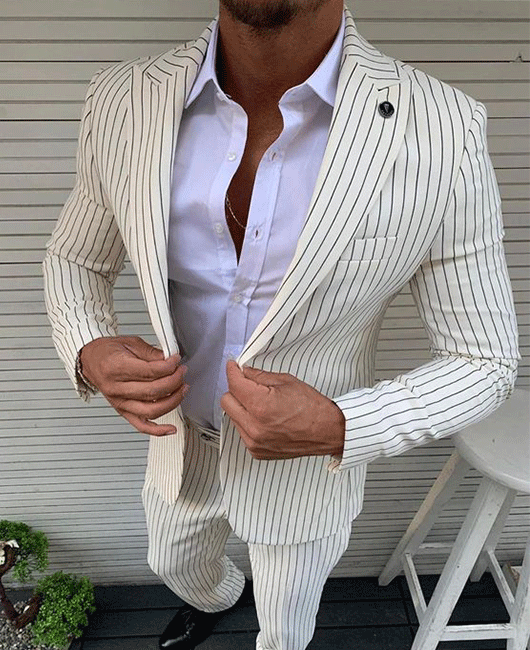 Casual Vertical Stripe Lapel Collar Blazer & Pants 2Pcs Set