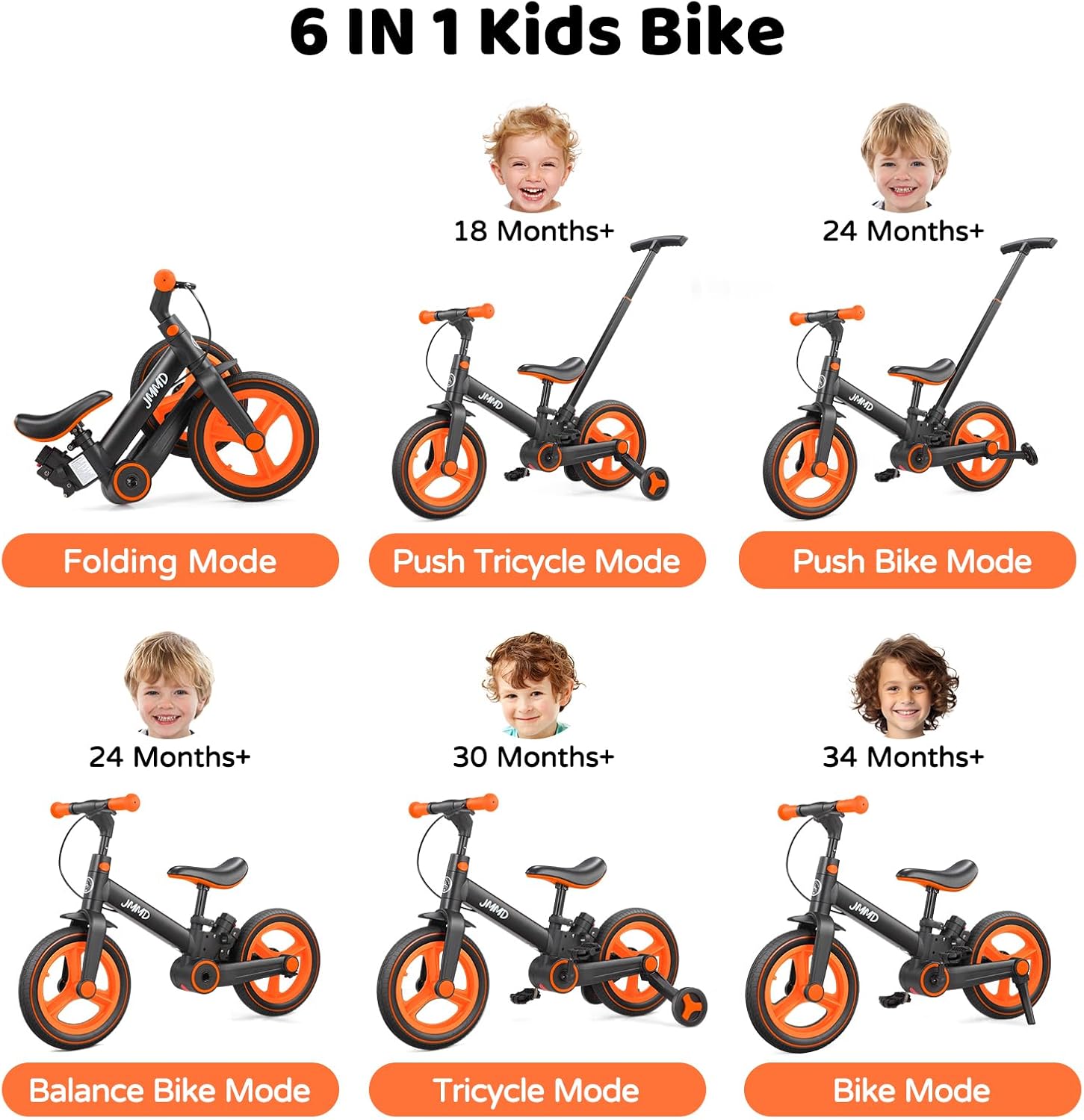 JMMD 6 in 1 Toddler Bike with Push Handle for Kids 18-60 Months, 12
