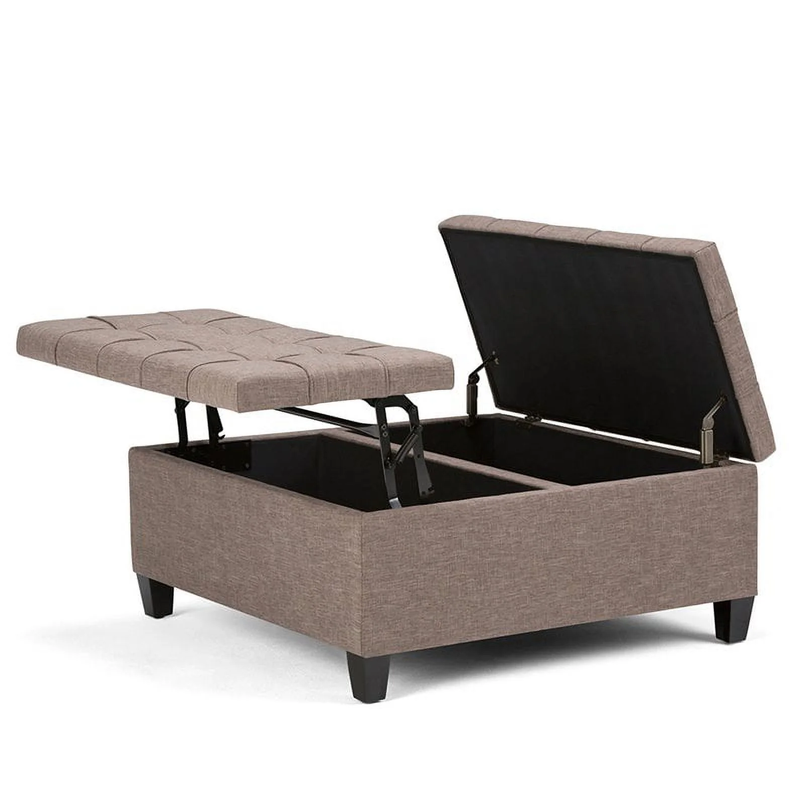 Simpli Home Harrison 36 inch Wide Transitional Square Coffee Table Storage Ottoman in Fawn Brown Linen Look Fabric