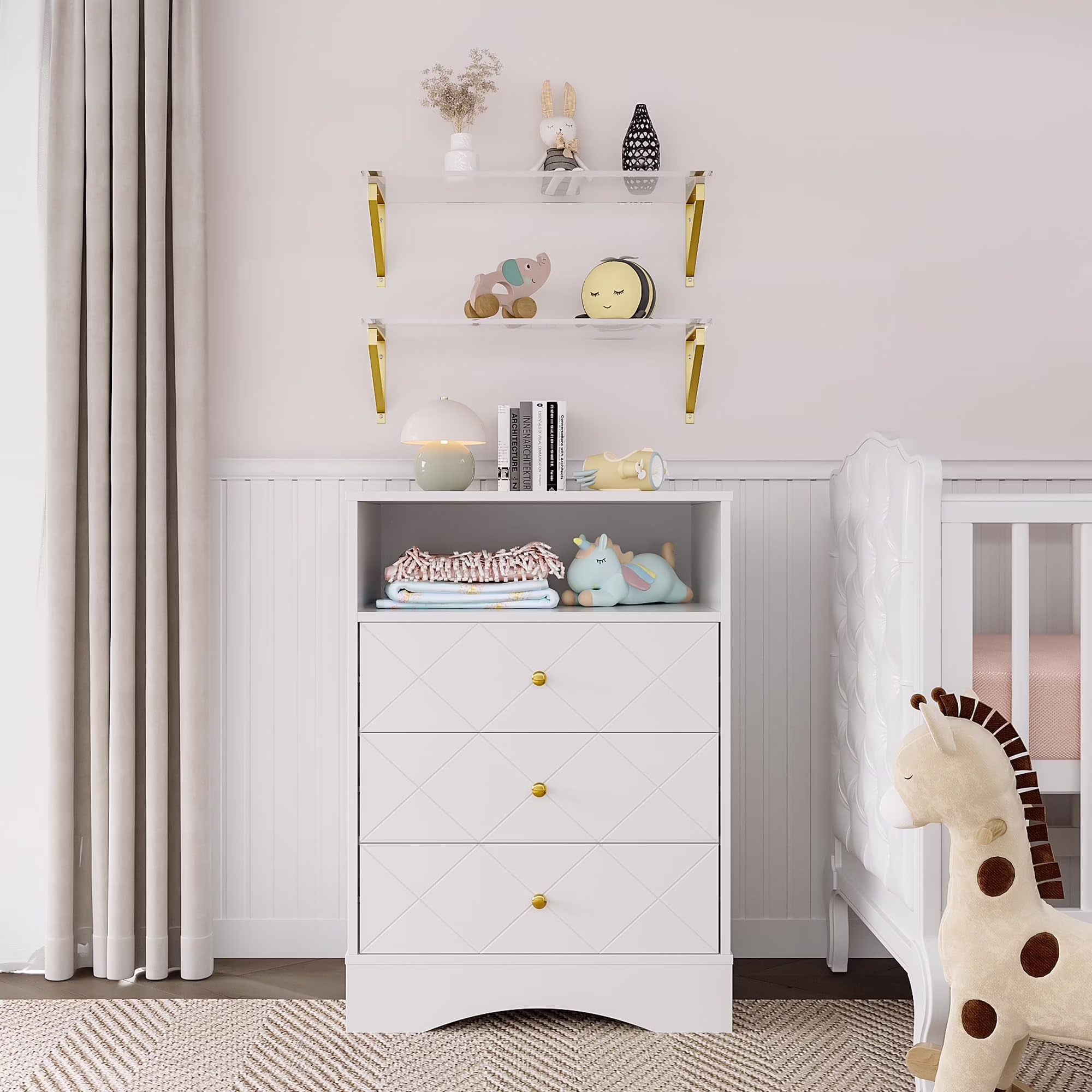 May Color Large White 3 Drawer Dresser Set of 2 with Fluted Panel, Modern Chest of Drawers with Silent Slide Drawers, Wood Accent Nightstand with Storage for Bedroom Living Room, Hallway - Image 25
