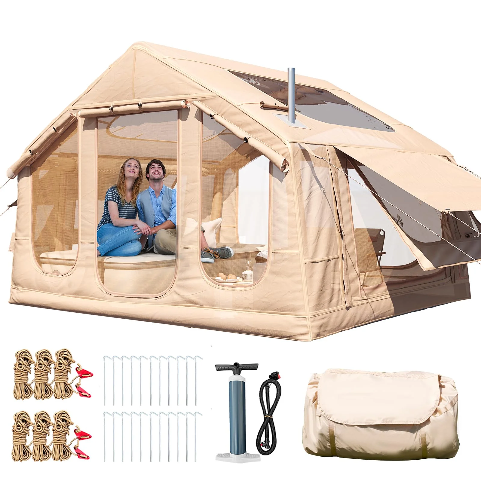 Yoleny 12'x8' Inflatable Tent, 96 SFT Blow Up Tent for Camping, 4 Season Oxford Glamping Tents with Clear Skylight, Pump & Stove Jack - Image 6