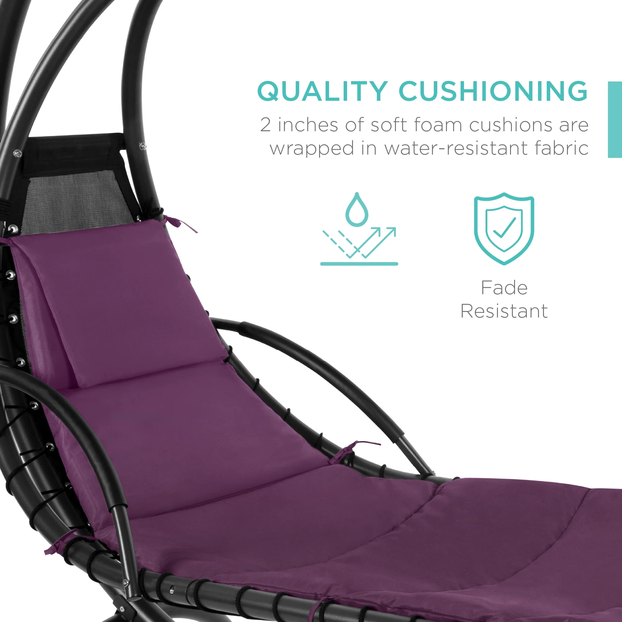Best Choice Products Hanging Curved Chaise Lounge Chair Swing for Backyard, Patio w/ Pillow, Shade, Stand - Teal - Image 58