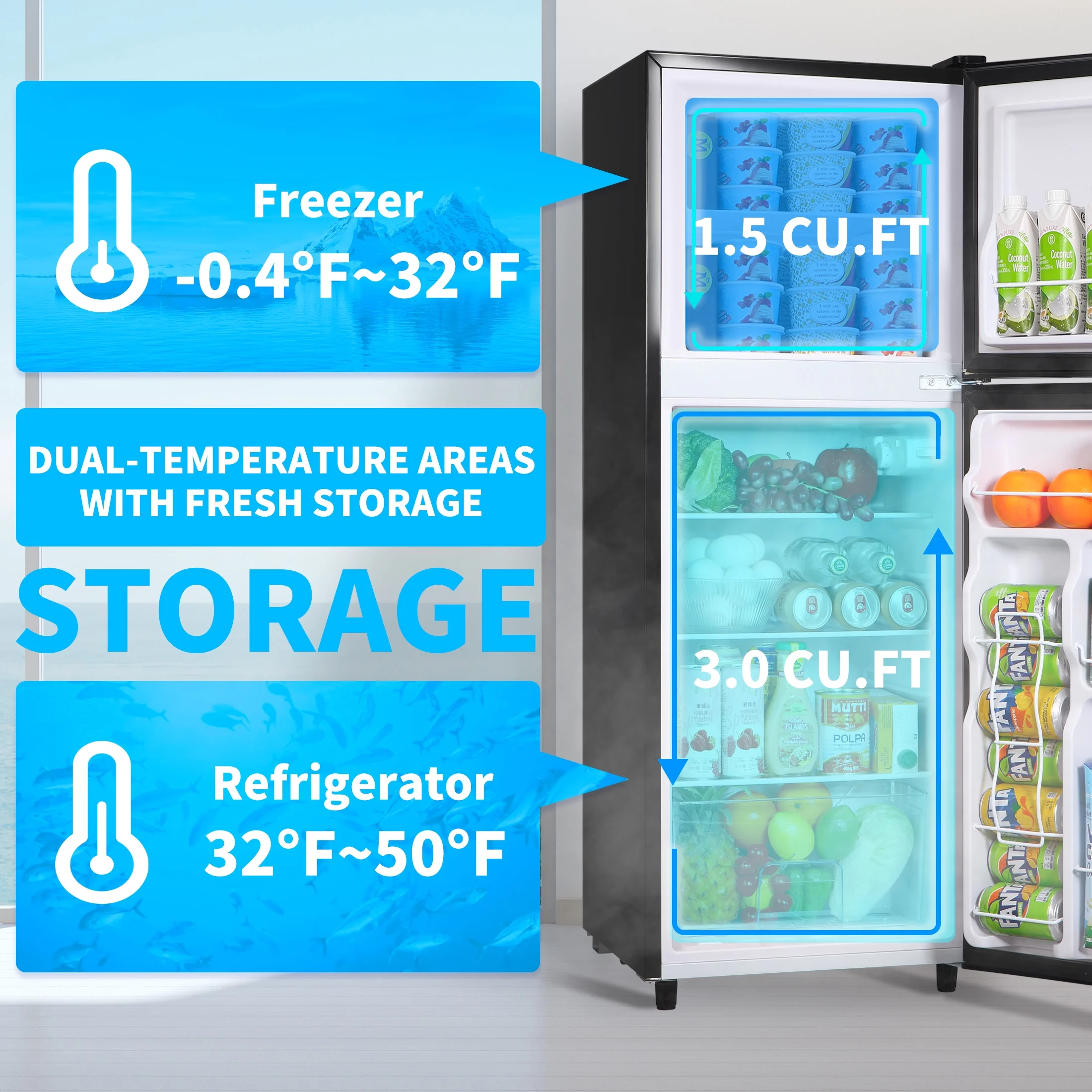 2 Door Mini Fridge with Freezer,4.5 Cu.ft.,5 Adjustable Thermostat & 4 Removable Glass Shelves