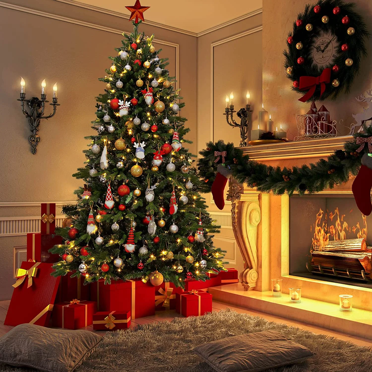 Vebreda 6FT Pre-Lit Artificial Christmas Tree with 300 Warm White LED Lights, Hinged Branch Design, Eco-Friendly PVC Needles & Foldable Metal Stand for Home, Office & Holiday D��cor - Image 3