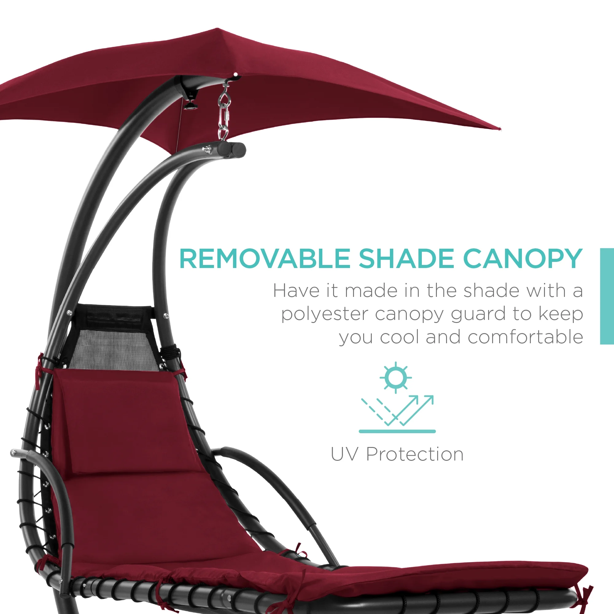 Best Choice Products Hanging Curved Chaise Lounge Chair Swing for Backyard, Patio w/ Pillow, Shade, Stand - Teal - Image 71