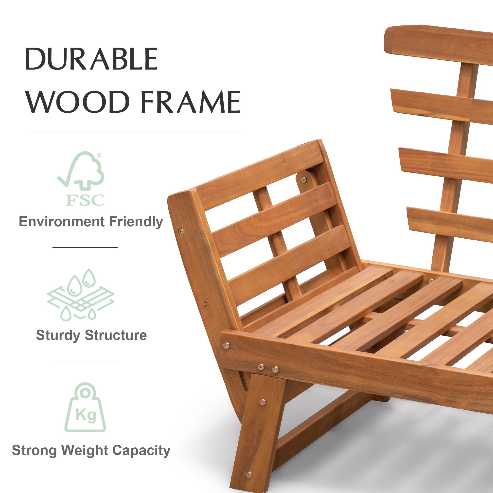 Homall Outdoor Sofa Patio Acacia Wood Daybed with Adjustable Armrests, Gray