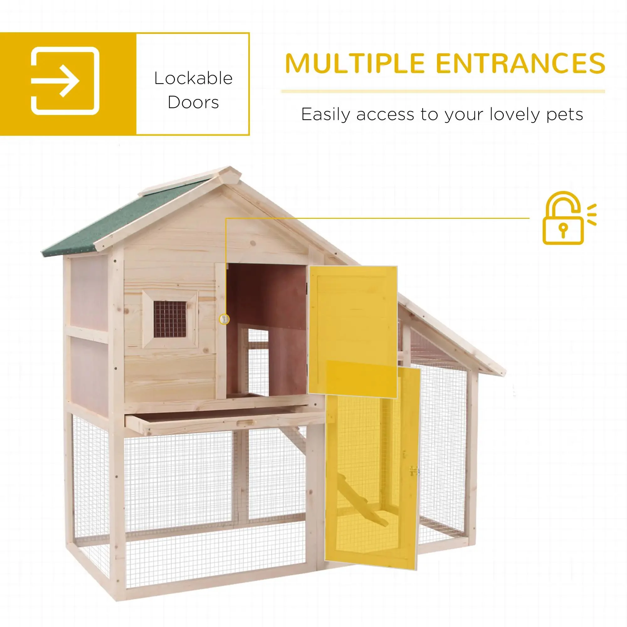 Pefilos 55" 2 Story Rabbit Hutch with Ramp, Tray, Wood Bunny Cage Poultry Chicken Coops, Beige - Image 6