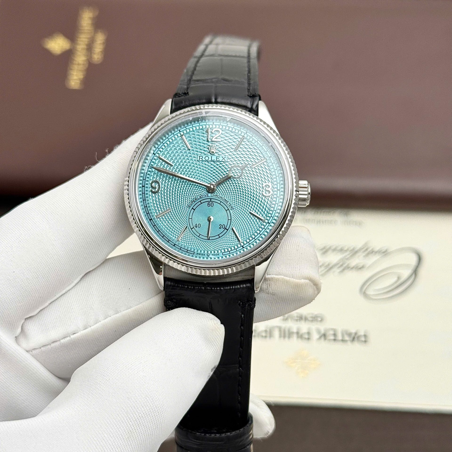 Rolex Perpetual 1908 Fake Watches Tiffany Dial Leather Strap Black 39mm - Elite Watch Atelier