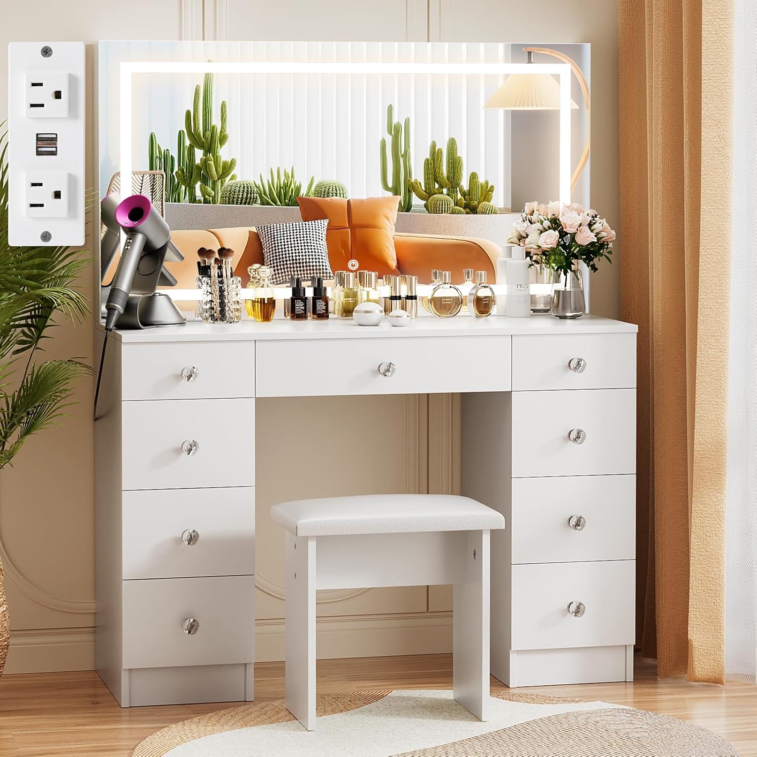 VOWNER Vanity With Lighted Mirror - Makeup Desk With Power Outlet and 9 Drawers, 3 Color Lighting Modes Adjustable Brightness, 43