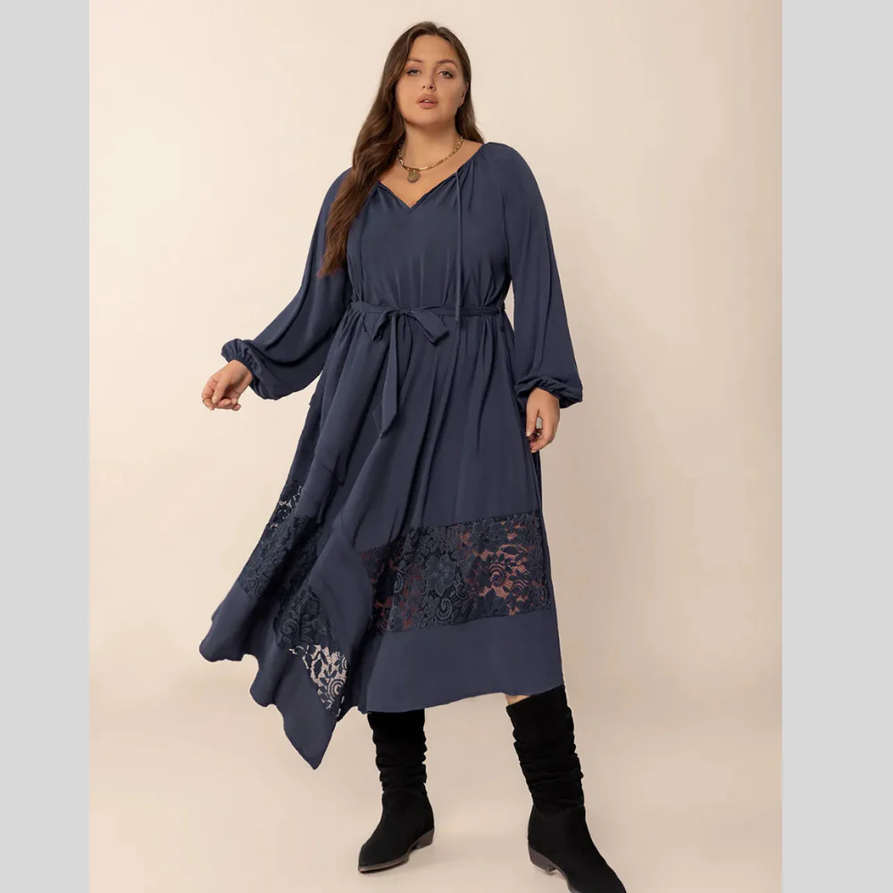 Plus Size Lace Detail Tie Neck Long Sleeve Midi Dress - ZKZOOK