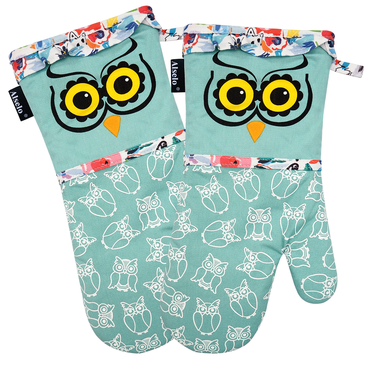 Owl Pattern Kitchen Cotton Silicone Oven Mitts Non-Slip BBQ Chef Gloves Pairs Heat Resistant Dishwasher Safe