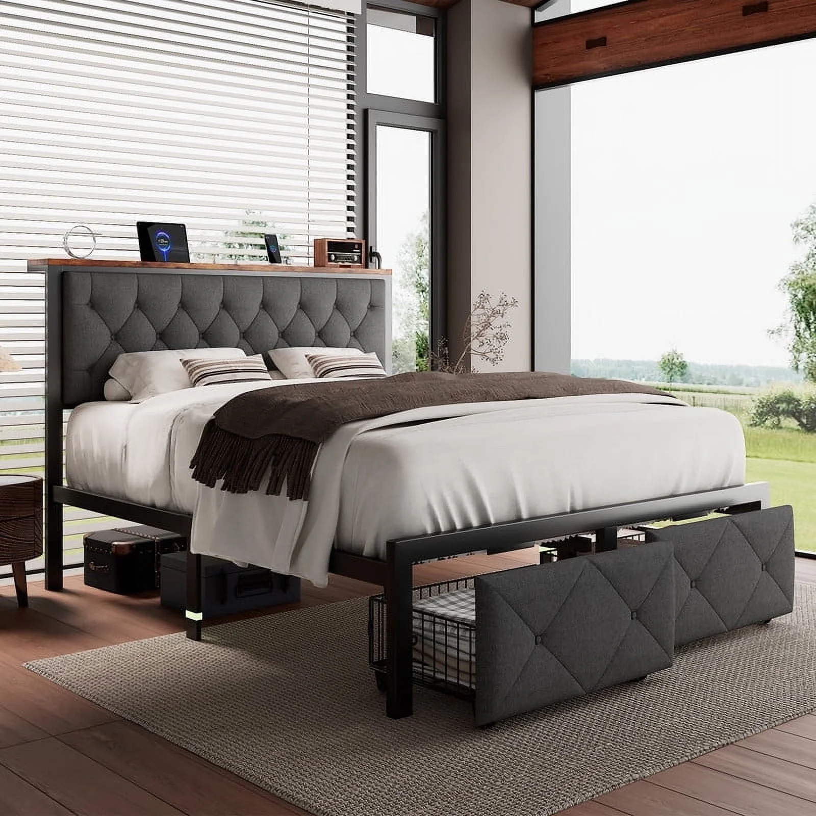iPormis Full Bed Frame with 2 Drawers, Metal Platform Bed with Charging Station and Linen Fabric Storage Headboard Strong Metal Slats Black,Gray - Image 4