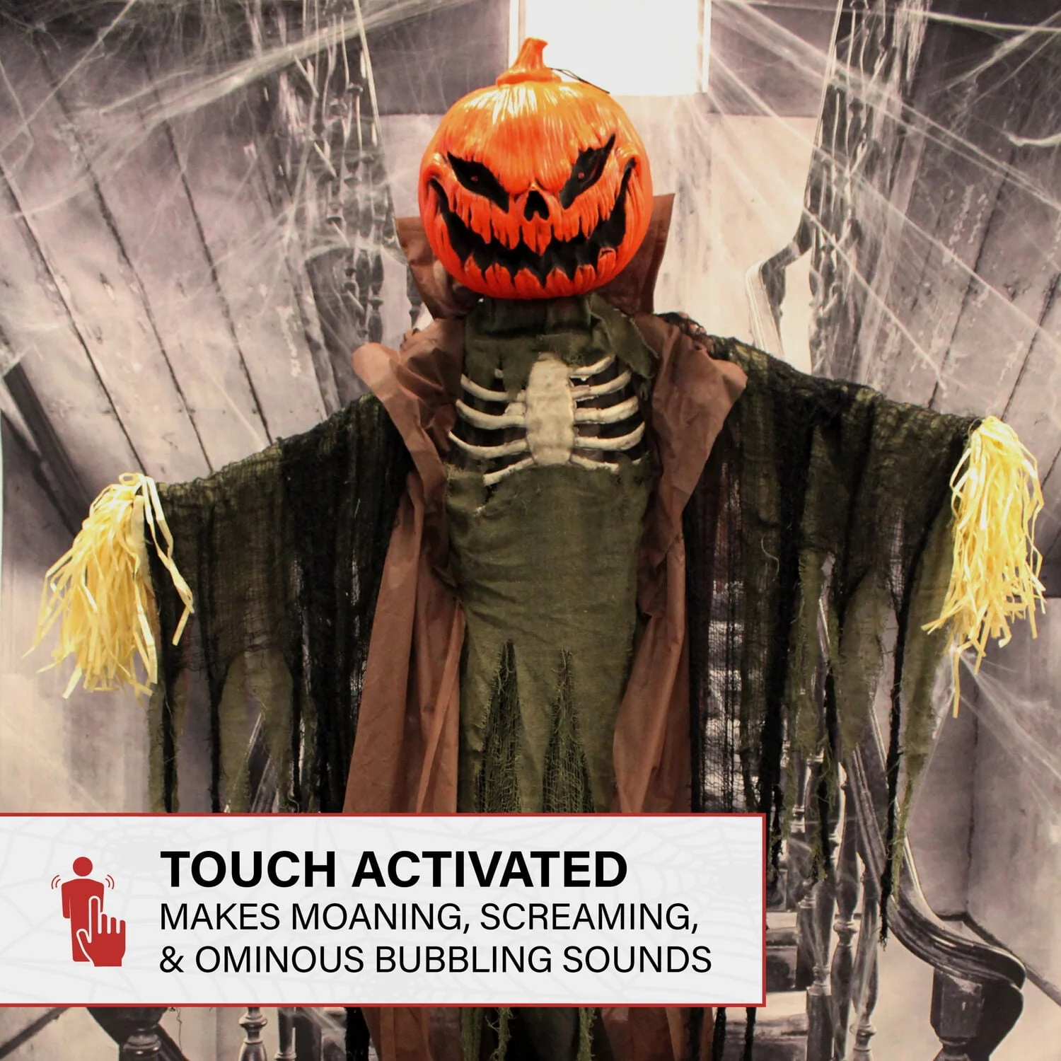Haunted Hill Farm Life-Size Poseable 6.7-Ft. Pumpkin Scarecrow with Lights and Sound, Indoor or Covered Outdoor Halloween Decoration - Image 6 Haunted Hill Farm Life-Size Poseable 6.7-Ft. Pumpkin Scarecrow with Lights and Sound, Indoor or Covered Outdoor Halloween Decoration - Image 6