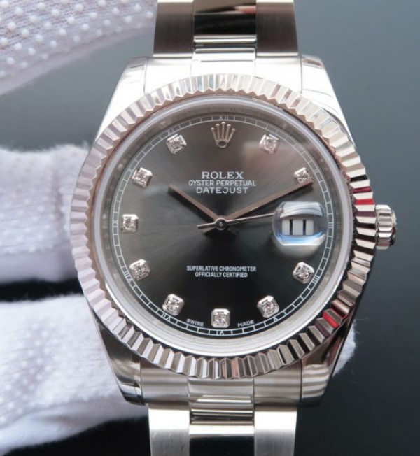 Replica Rolex DateJust II SS Fluted Bezel Gray Dial Diamonds Markers SS Bracelet A3136 - Elite Watch Atelier