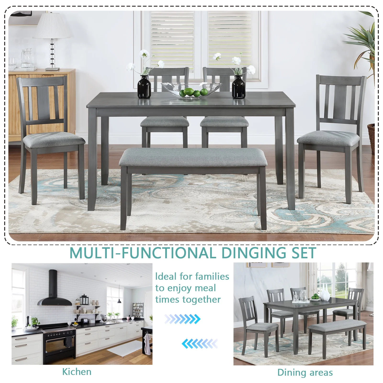 Dining Room Set, LEGAHOME 6 Piece Dining Sets with Bench and Chairs, Solid Wood Kitchen Dining Table Set for 6 with Upholstered Chairs, Gray - Image 12