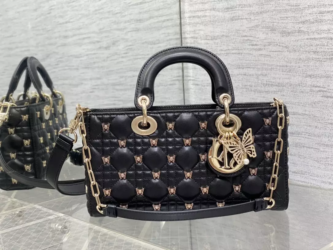 Medium Lady D-Joy Bag Black Cannage Lambskin with Gold-Finish Butterfly Studs1:1High-quality replica