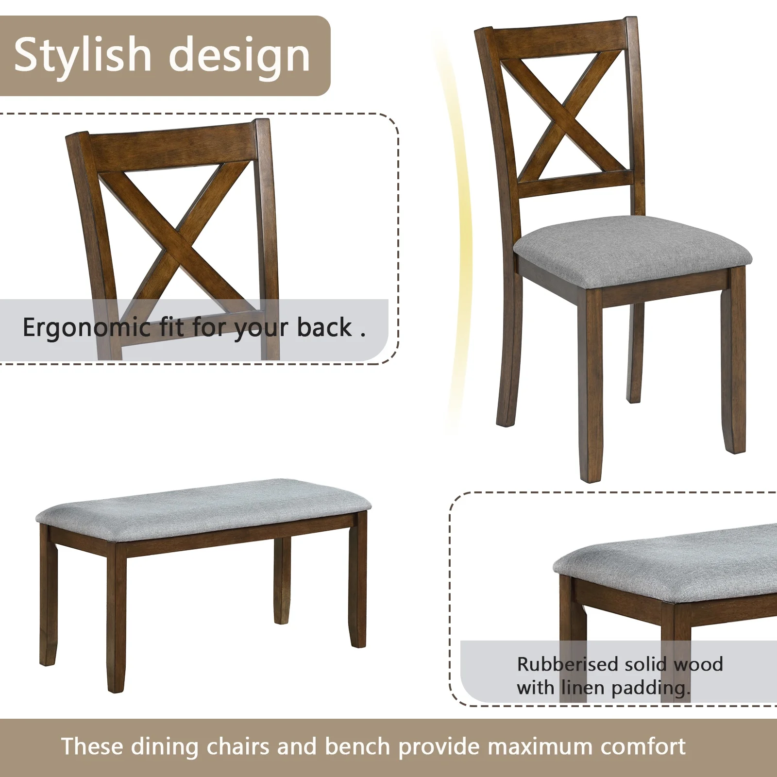 Dining Room Set, LEGAHOME 6 Piece Dining Sets with Bench and Chairs, Solid Wood Kitchen Dining Table Set for 6 with Upholstered Chairs, Gray - Image 16