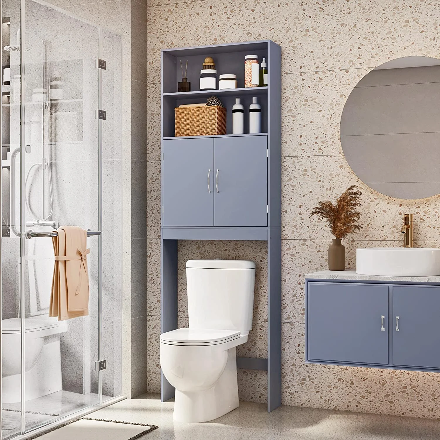 Tumis Over The Toilet Storage, Taller Bathroom Organizer Space-Saving Storage Cabinet with Adjustable Shelves and Double Doors, 77 in H, Grey