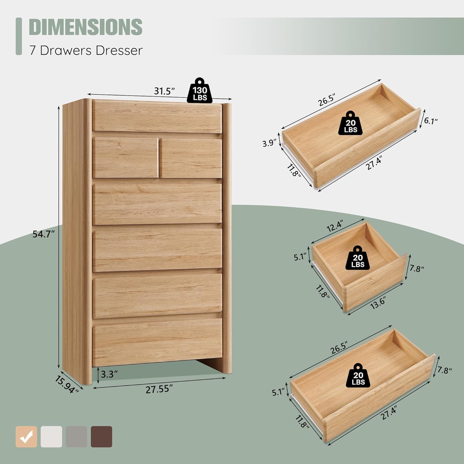 Modern 7 Drawers Dresser for Bedroom, 54.7