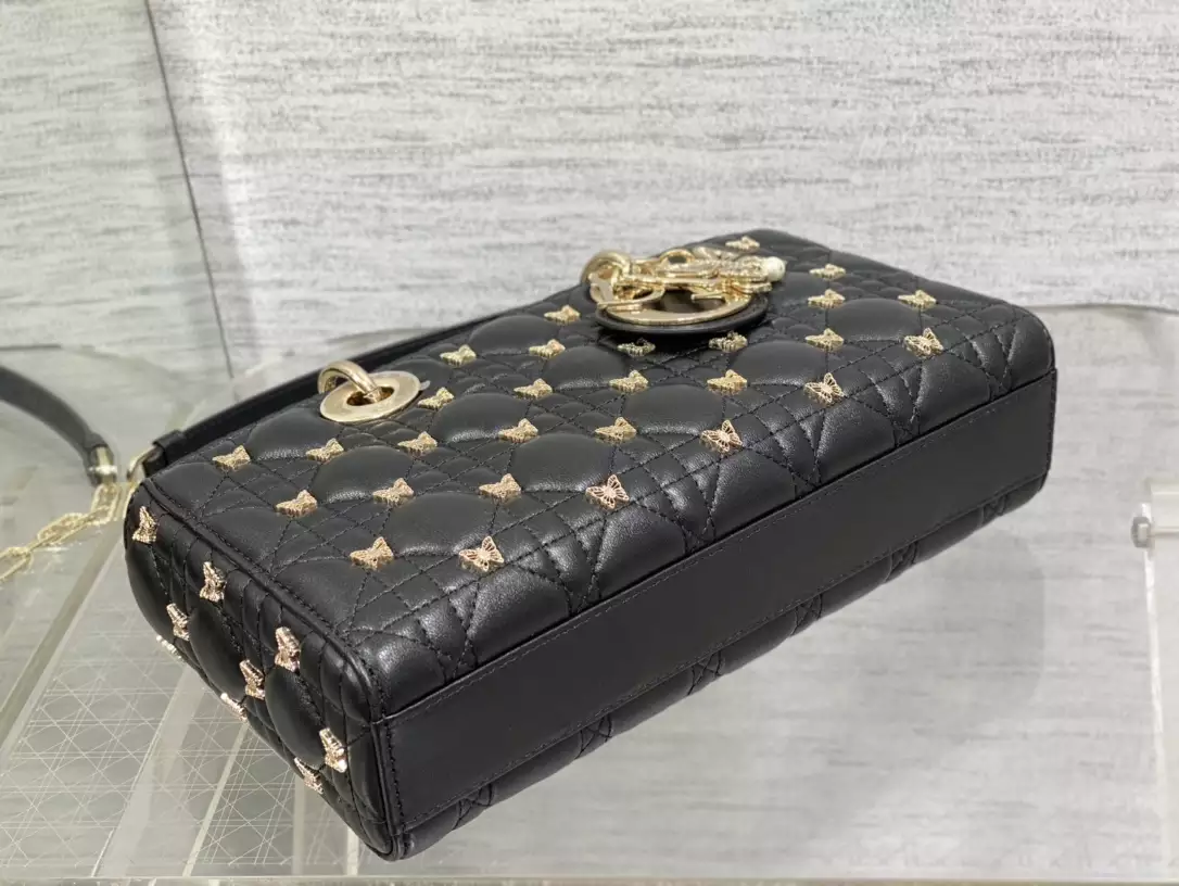 Medium Lady D-Joy Bag Black Cannage Lambskin with Gold-Finish Butterfly Studs1:1High-quality replica