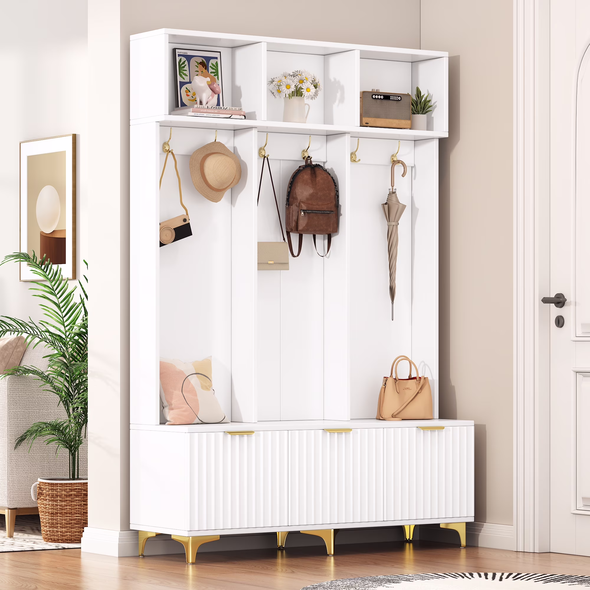 Euroco Modern Hall Tree with High Gloss Fluted Doors, Gold Accents, Shoe Storage & Bench a?? Entryway Organizer with Cubbies and Coat Hooks - Image 3