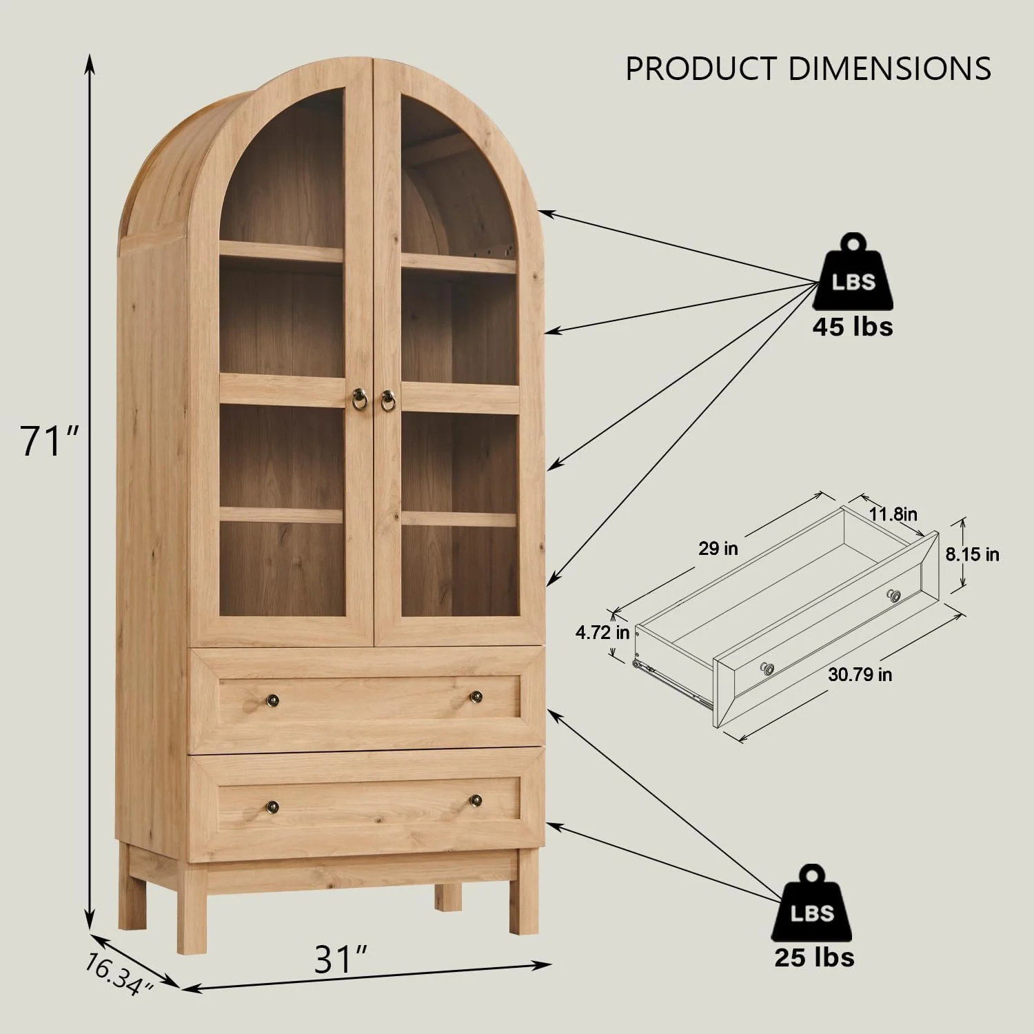 IFGET 71-Inch Arched 4-Tier Bookcase with Glass Doors and Drawers - Image 13