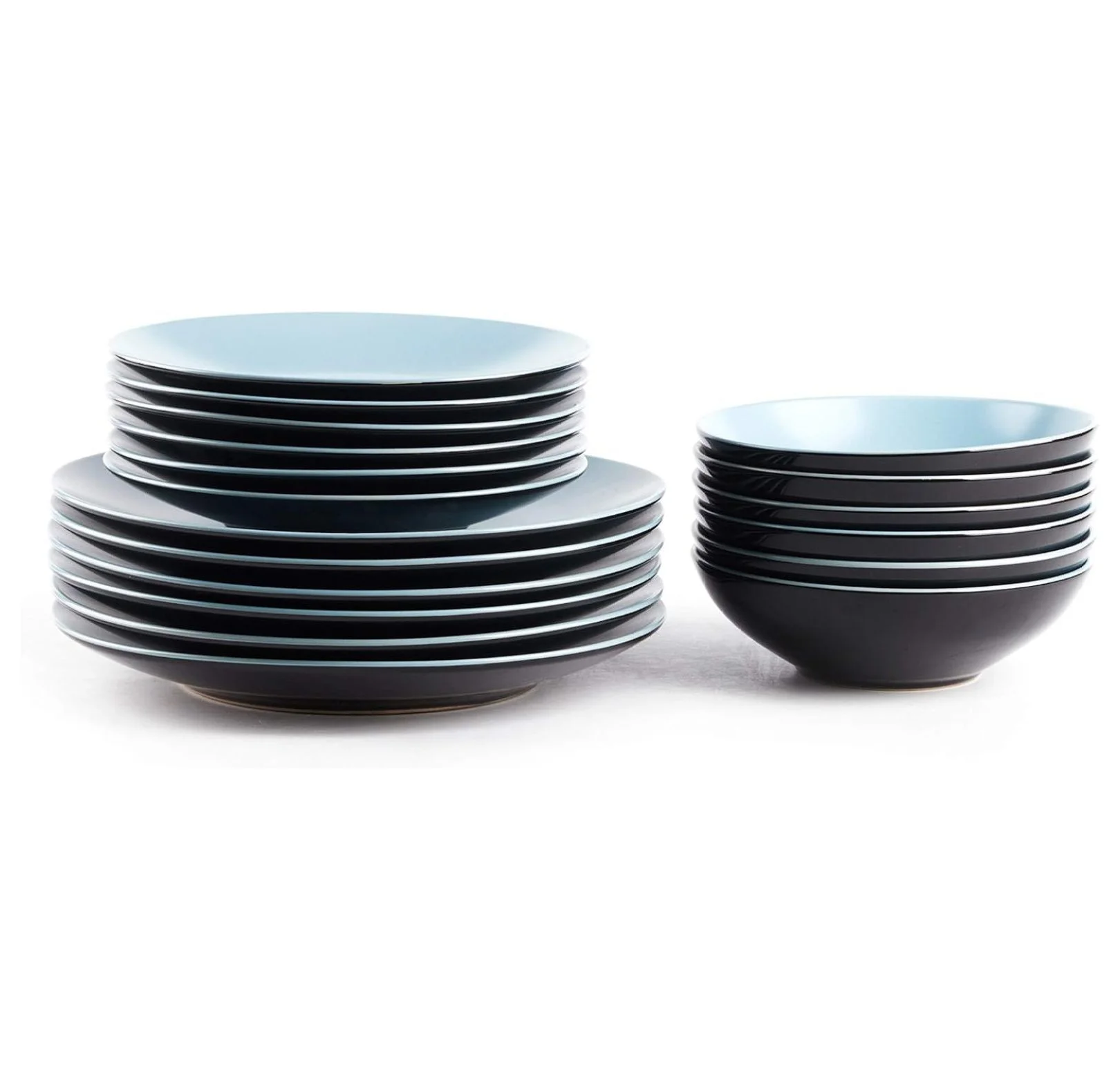 Turquoise Dinnerware Set 18pc - Color Life Stoneware Coupe Dinner Plates & Bowls - Dishwasher & Microwave Safe, Modern Matte & Shiny Black Finish