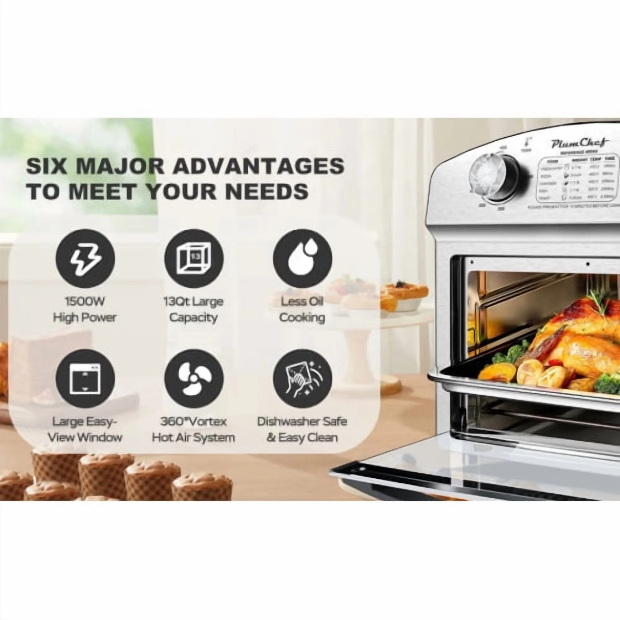 12.5 Quart 7-in-1 Convection Toaster Oven, 1500W, Stainless Steel, with 5 Pre-Set Menus �C Roast, Bake, Grill, Broil, Toast, Dehydrate & Defrost, Silver