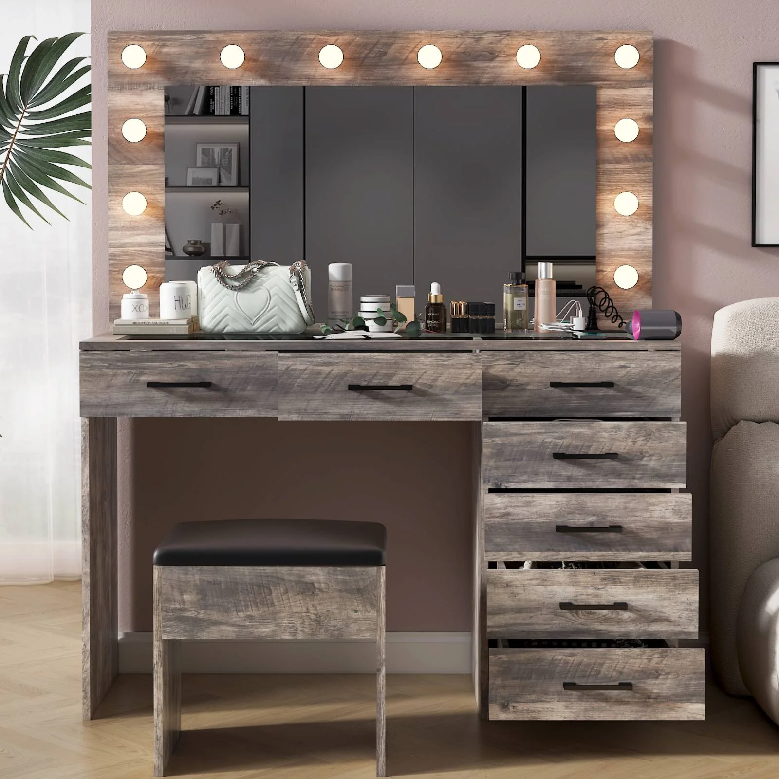 Ktaxon Large Makeup Vanity, Vanity Table Set w/ Visible Glass Top w/ Charging Station, White - Image 76