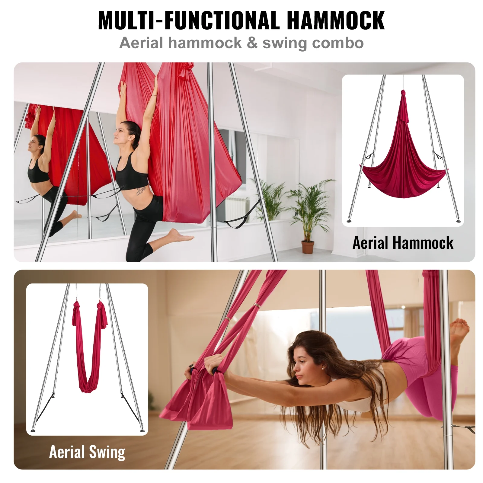 KFFKFF 551.15 lbs Yoga Swing Stand Hammock Aerial Silk Kit Load Yoga Frame Red - Image 8