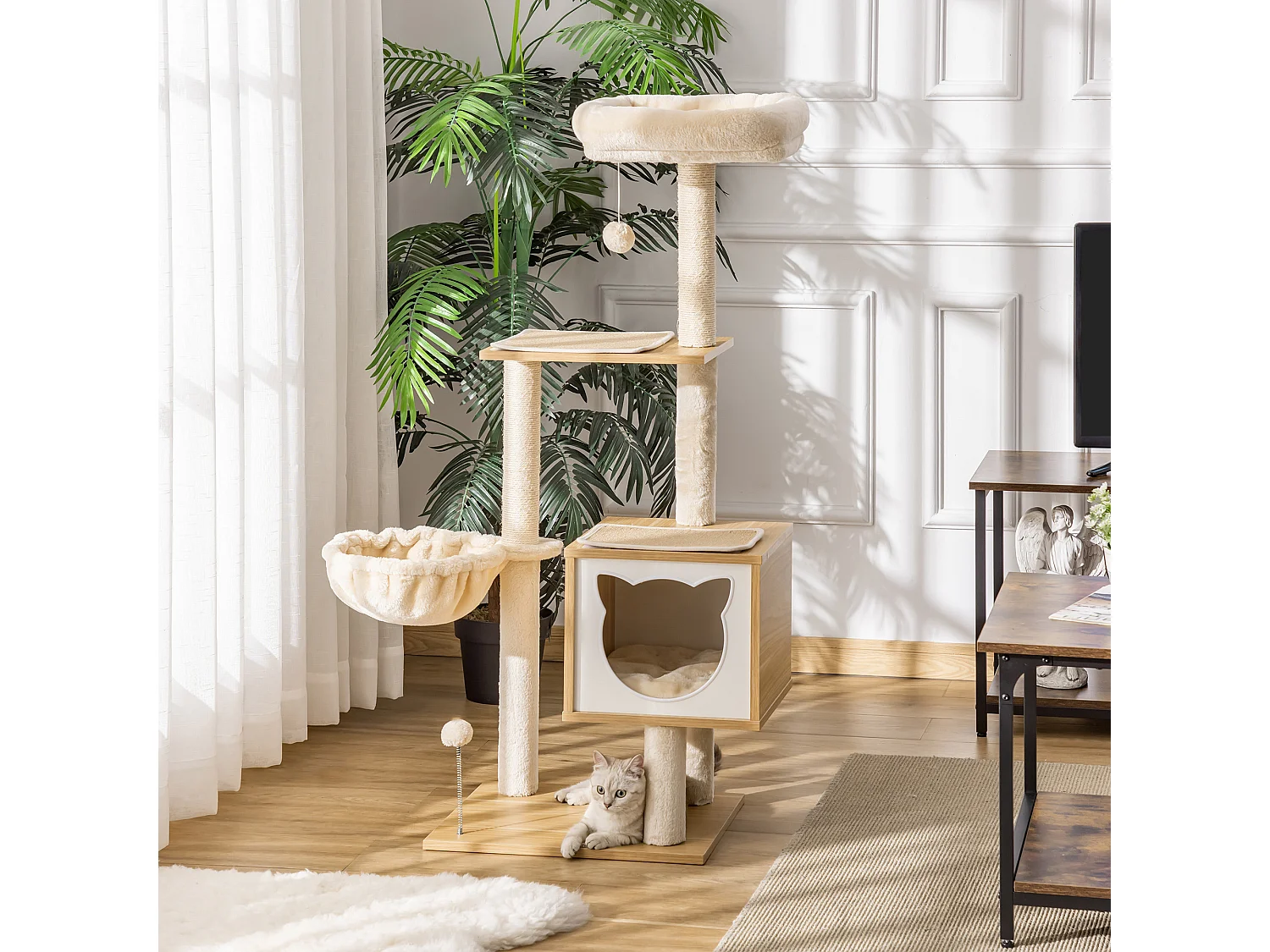 Arbre à chat multi-équipement griffoirs grattoirs niche hamac panier coussins amovibles H126 cm peluche courte sisal naturel beige