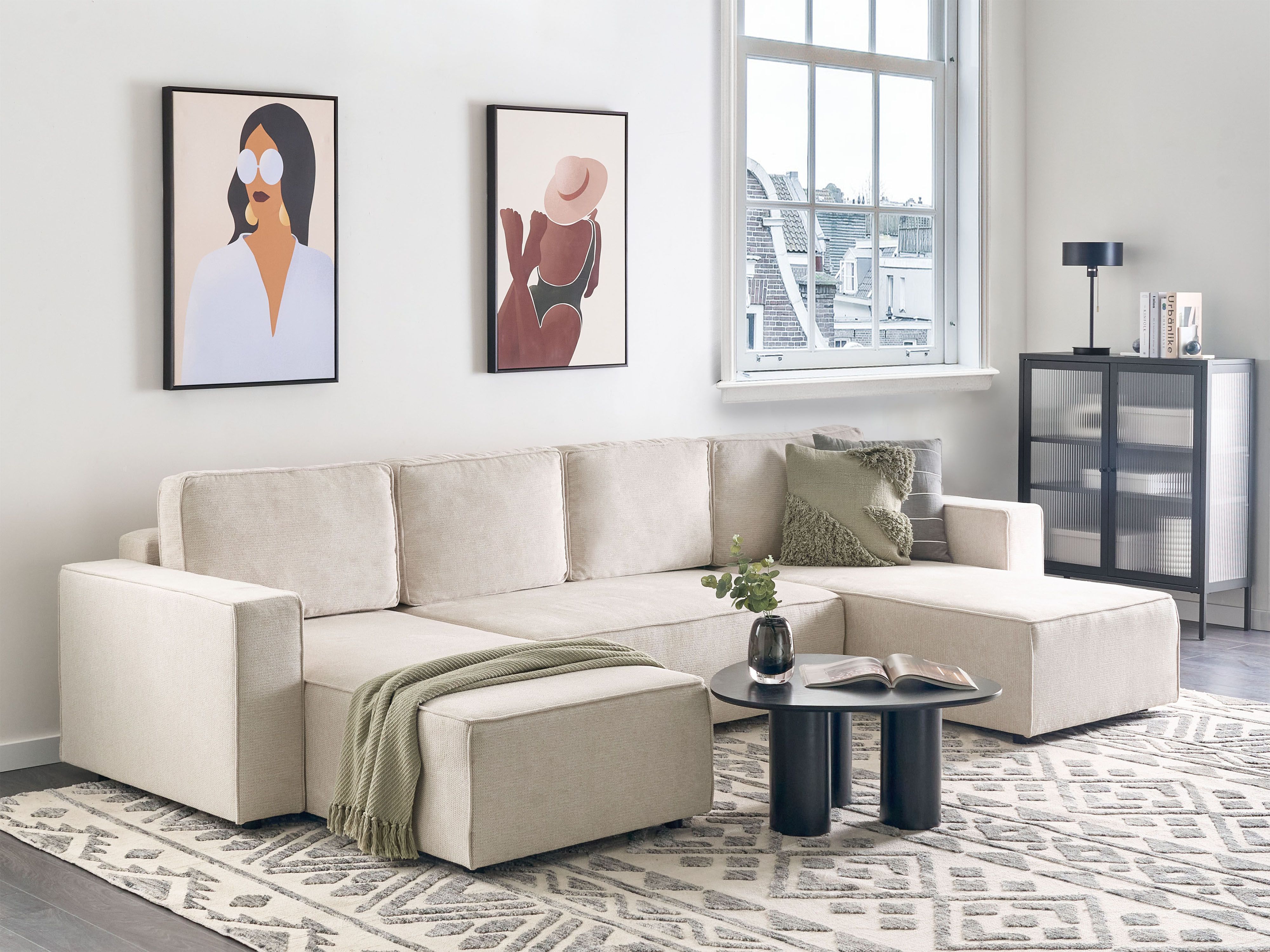 U-Shape Sofa Bed 4 Seater VATNE Fabric Light Beige with Storage