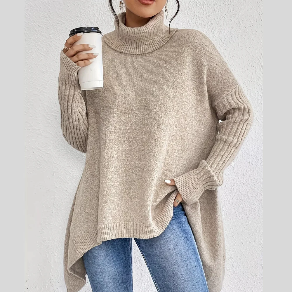 Turtleneck High-Low Hem Sweater - ZKZOOK