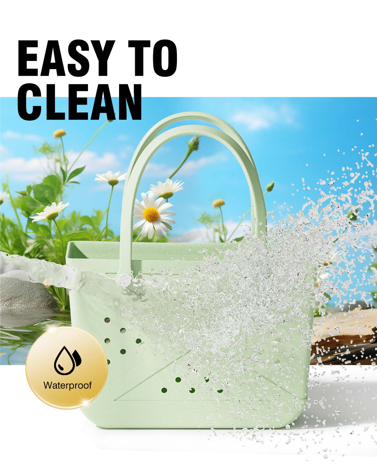 Waterproof Durable EVA Hole Tote Basket Reusable Grocery Shopping Handbag with Double Handles