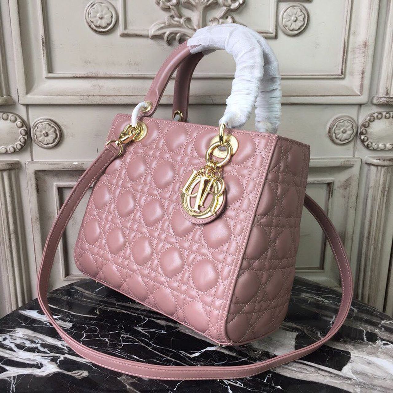 Christian Dior Medium Lady Dior Bag Gold Toned Hardware Dusty Pink For Women 24cm/9in CD1:1High-quality replica