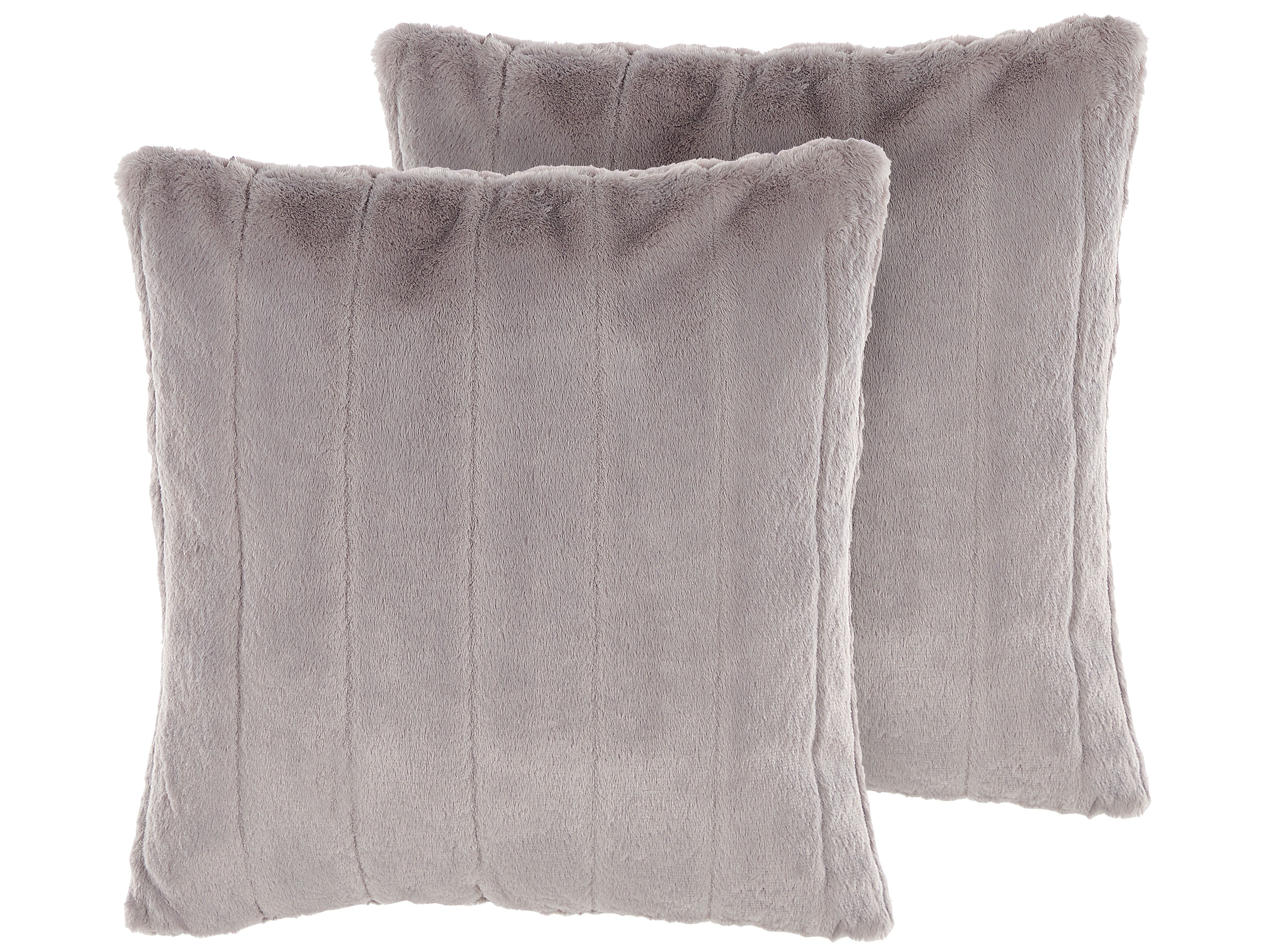 Set of 2 Decorative Cushions PUMILA Faux Fur 45 x 45 cm Light Grey Striped