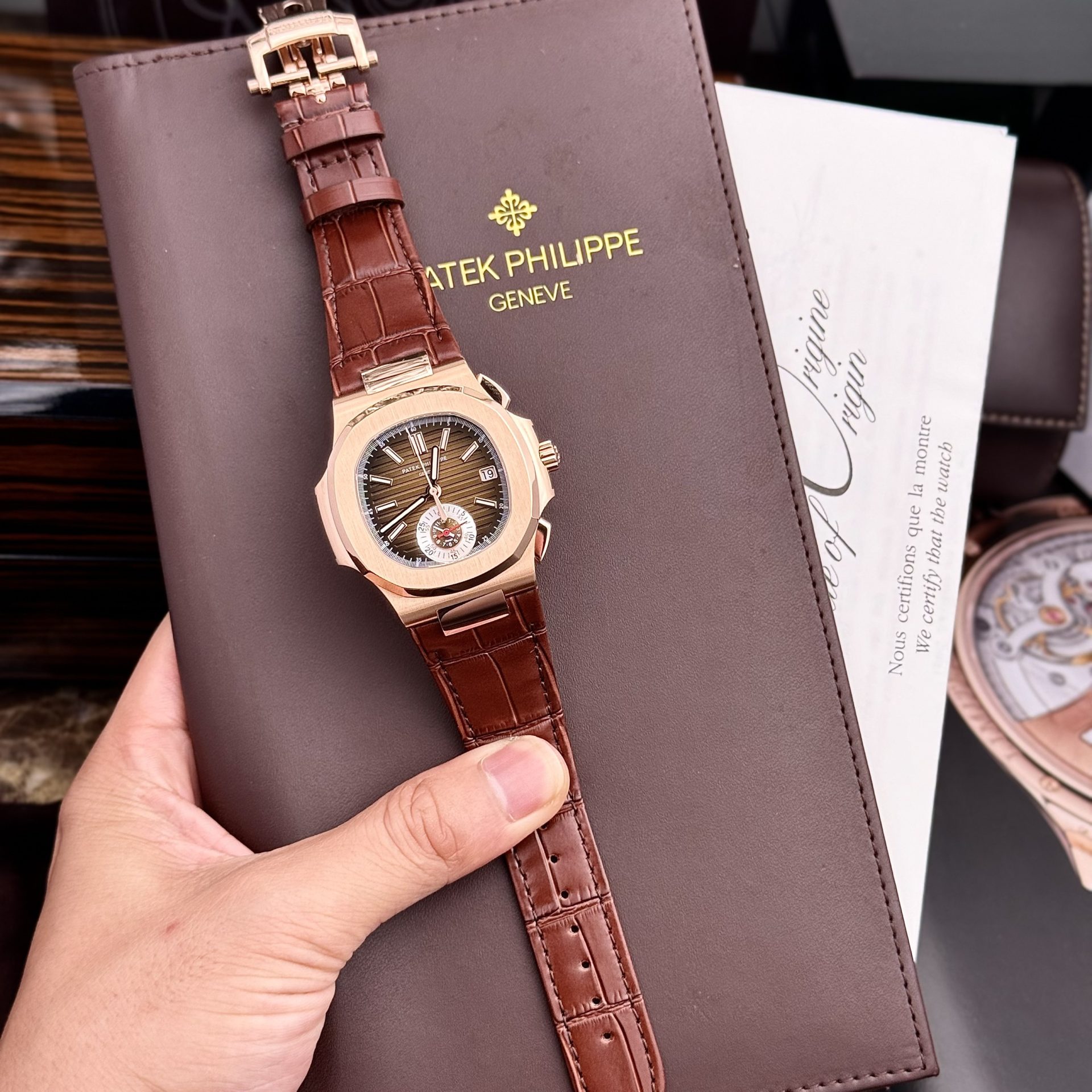 Patek Philippe Replica Watch Nautilus 5980 Brown Dial Leather Strap 40mm - Elite Watch Atelier