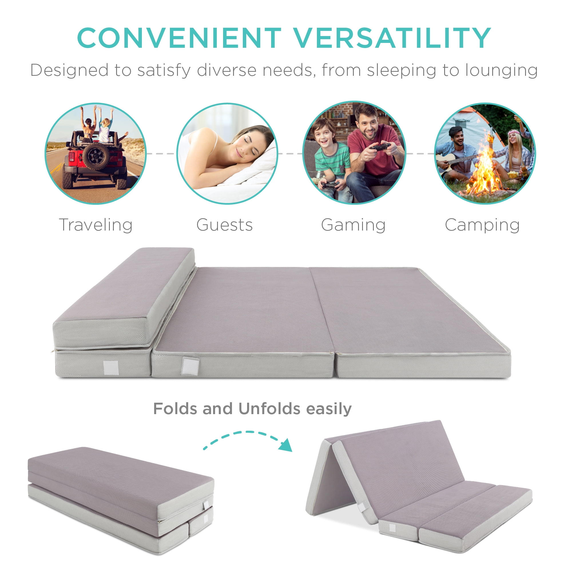 Best Choice Products 4in Thick Folding Portable Twin Tri-Fold Mattress w/ Carry Case, Washable Cover - Gray - Image 7