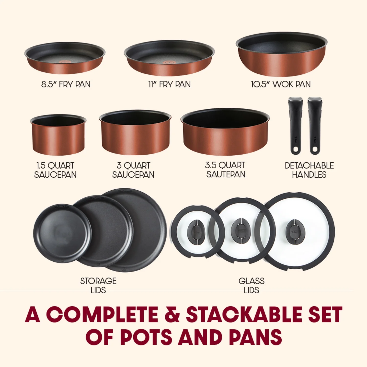 T-fal Ingenio Expertise Nonstick 14-Piece Cookware Set, Induction Oven Safe up to 500F, Detachable Handle, Onyx Black - Image 18