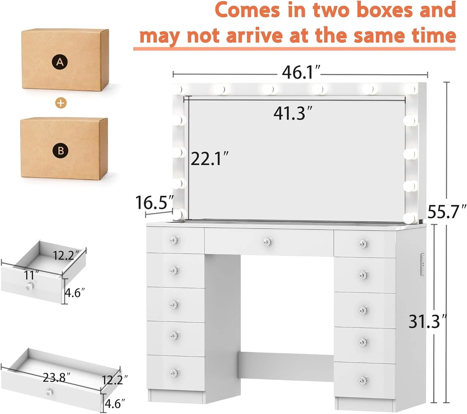 Vanity Desk with Power Outlet, Makeup Vanity with Mirror and 14 LED Light, 3 Lighting Modes,11 Drawer Vanity Table with Sliding Jewelry Storage, Glass Top, Specular Surface - Image 8