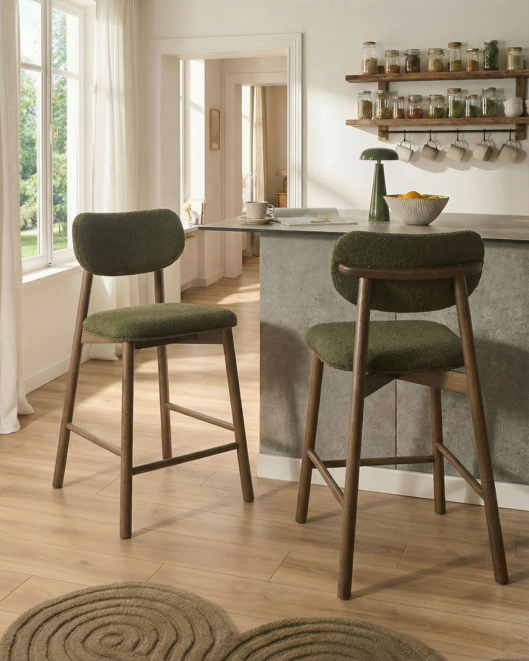 Set of 2 Bar Chairs MILLS Boucle Brown/ Green