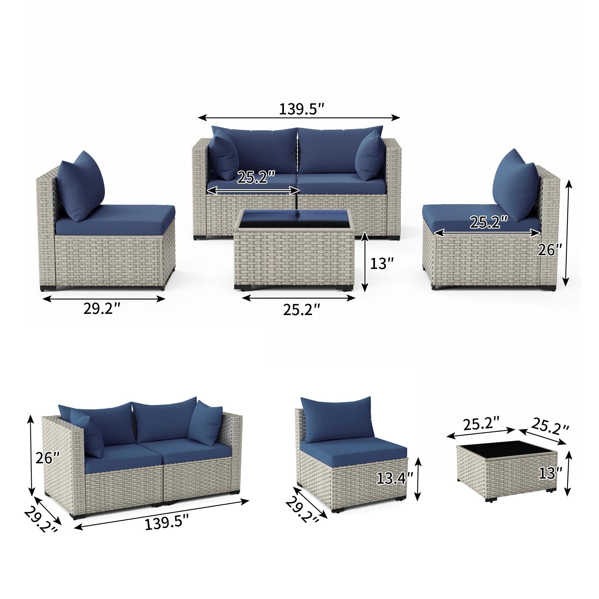 7 Pieces Patio Conversation Set, Outdoor Sectional PE Rattan Wicker Furniture Seat,Dark Gray - Image 36