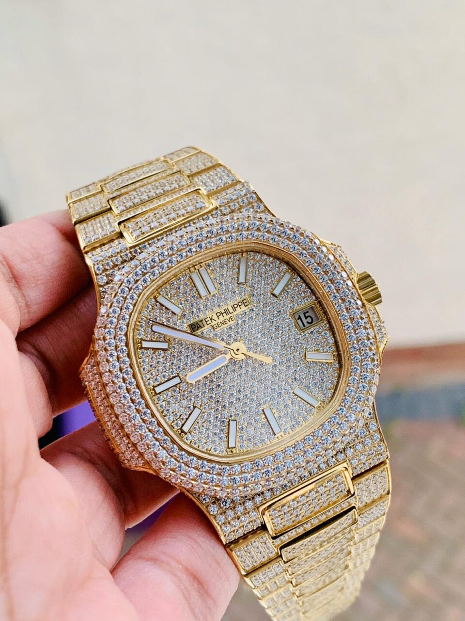Replica PATEK PHILIPPE ICED Nautilus Jumbo 5711 YG TWF Full Paved Diamonds Dial Case and Bracelet A324 - Elite Watch Atelier
