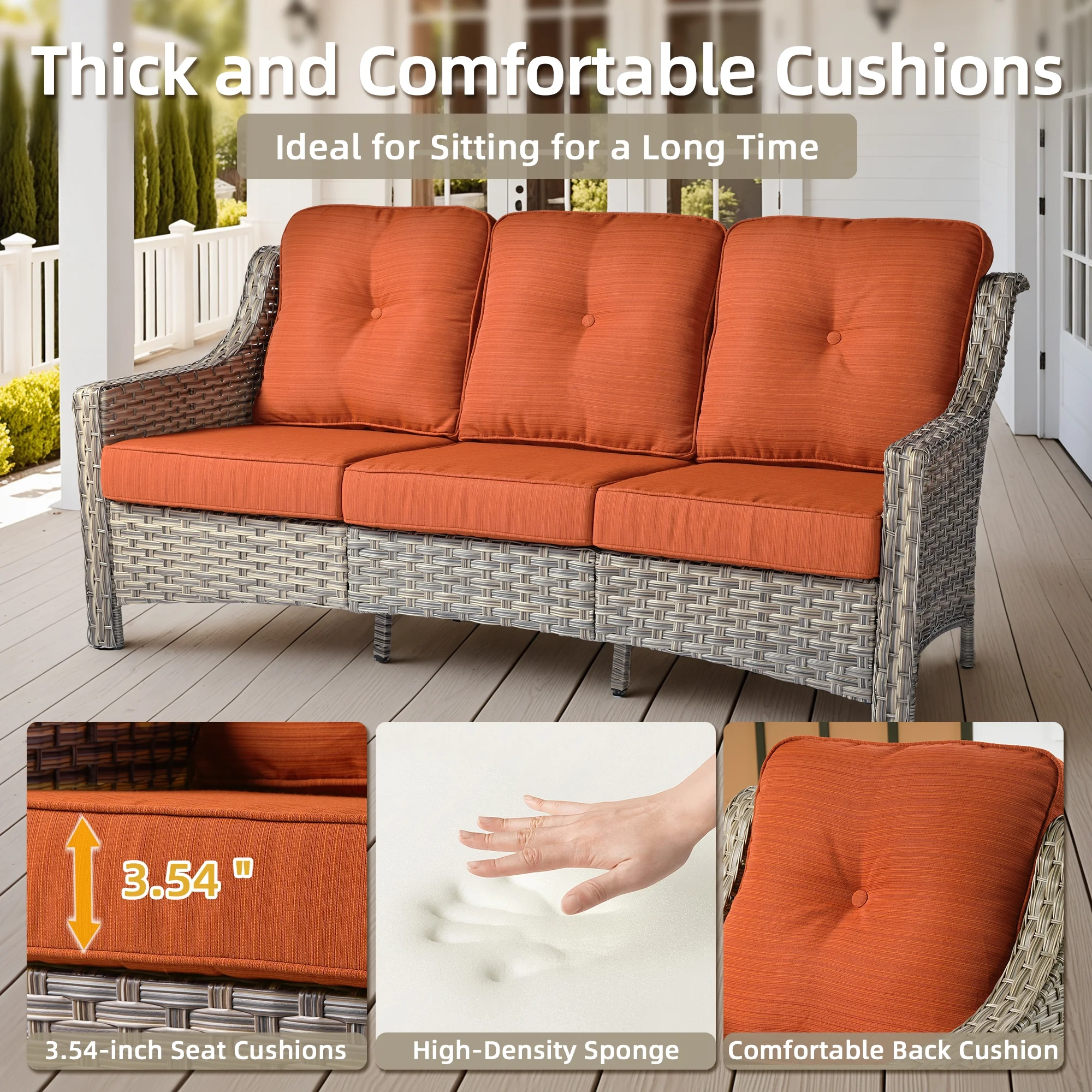 Ovios Outdoor Patio Sofa 3-Seater with Cushions All-Weather Wicker Rattan Couch for Garden, Porch, or Backyard - Image 33