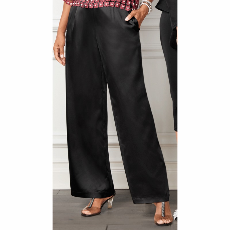 Satin Wide-Leg Women's Flowy Pants with Stretch - MIDNIGHT VELVET CATALOG
