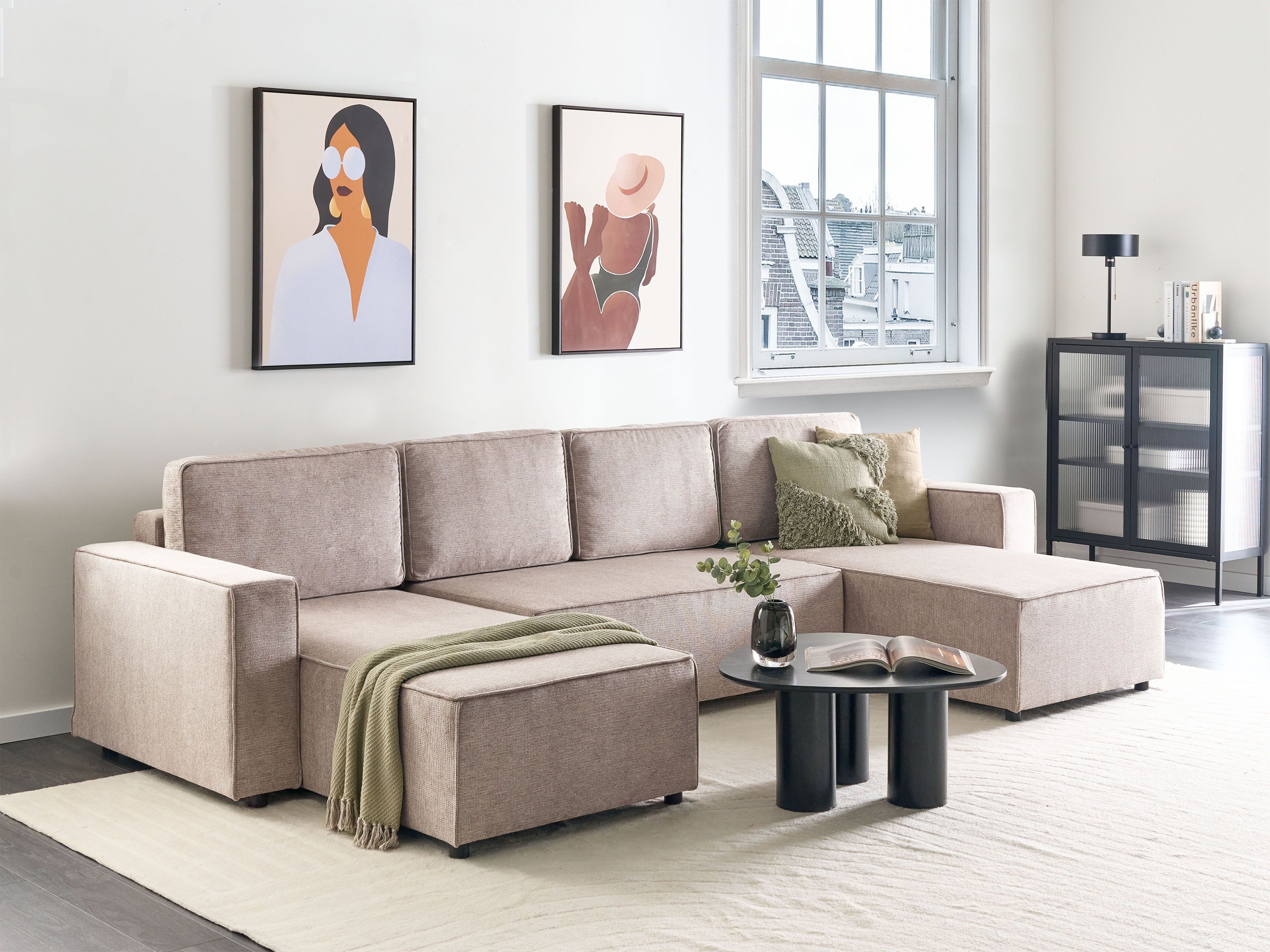 U-Shape Sofa Bed 4 Seater VATNE Fabric Light Brown with Storage