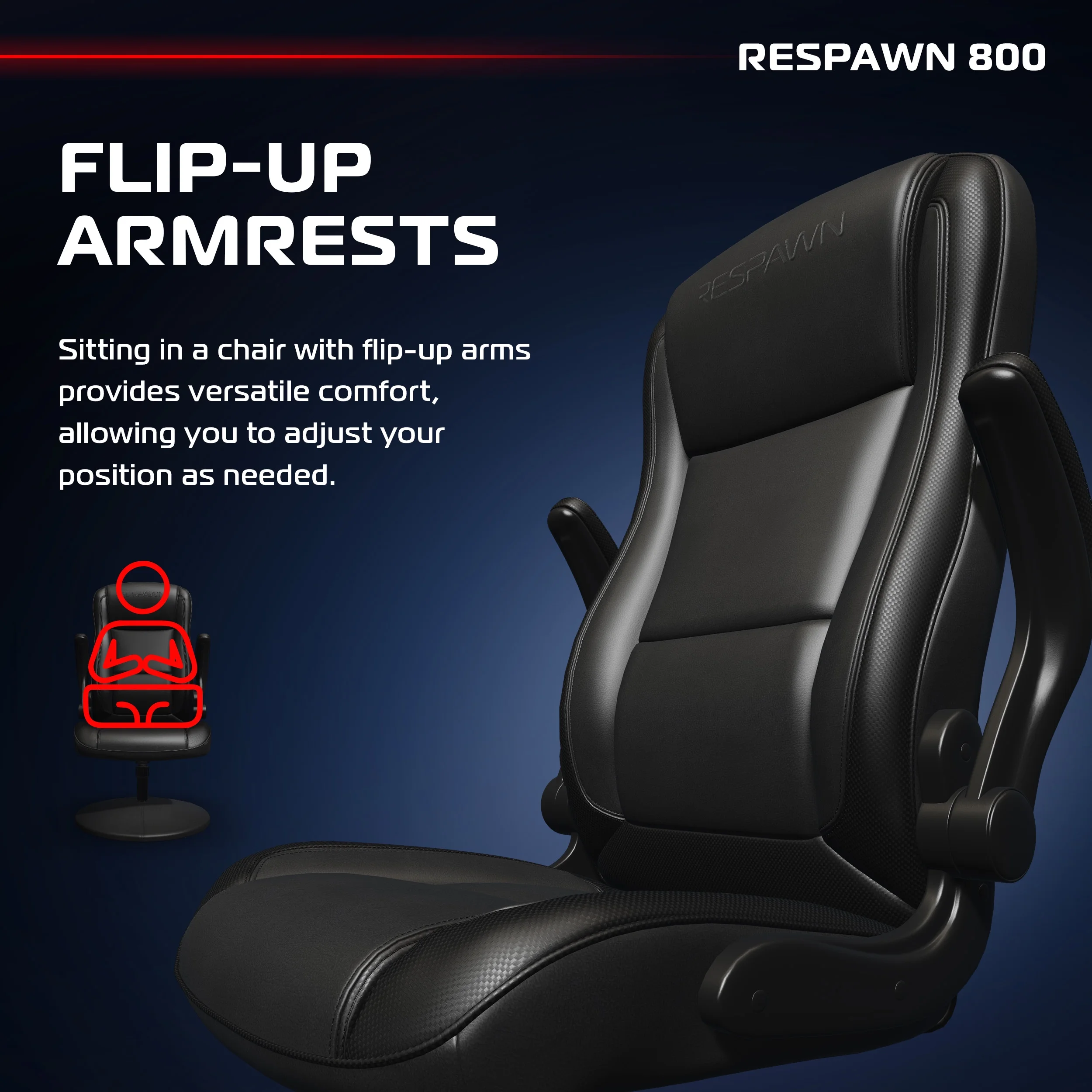 RESPAWN 800 Swivel Rocker Gaming Chair - Ergonomic Floor Gaming Seat with Lumbar Support, Flip Up Armrest, High Back, Pedestal Base, Comfortable No Wheels Console Video Game Rocker Chair - Red - Image 54