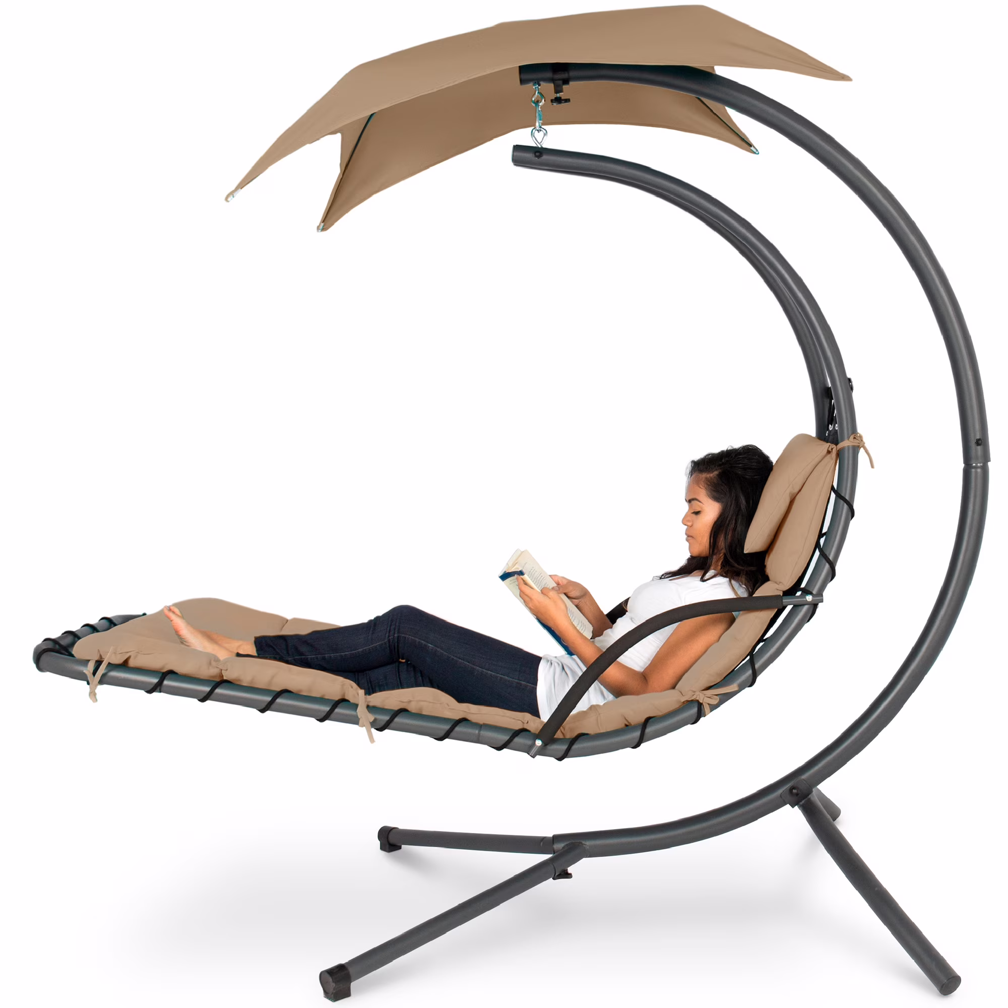 Best Choice Products Hanging Curved Chaise Lounge Chair Swing for Backyard, Patio w/ Pillow, Shade, Stand - Teal - Image 3