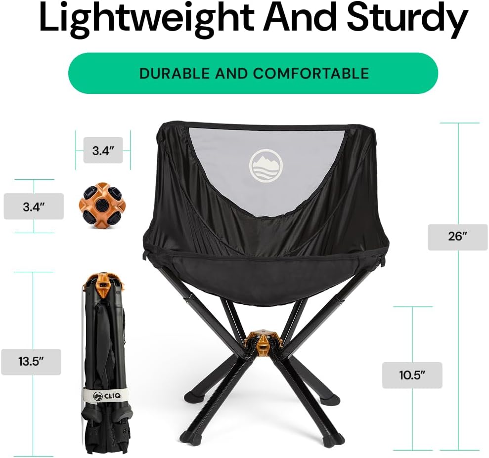 CLIQ Portable Chair Version 1.0 with Free Bag - Lightweight Folding Chair for Camping - Supports 300 Lbs - Perfect for Outdoor Adventures - Black Bundle